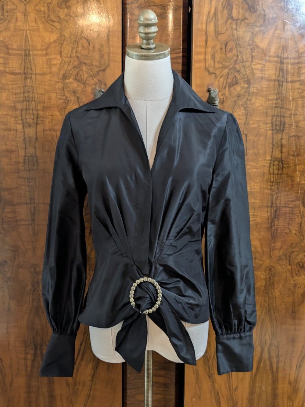 Lafayette 148 New York Black Silk Shimmer Blouse 2 Rhinestone 0-Ring Dressy